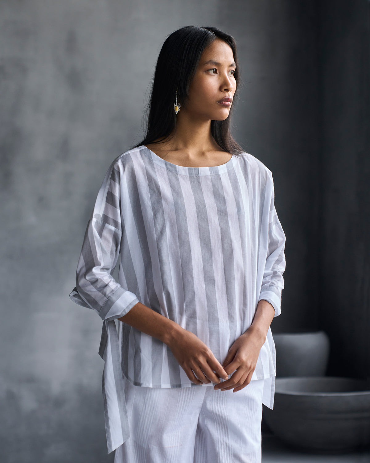 Back Fagotting Top - White & Grey