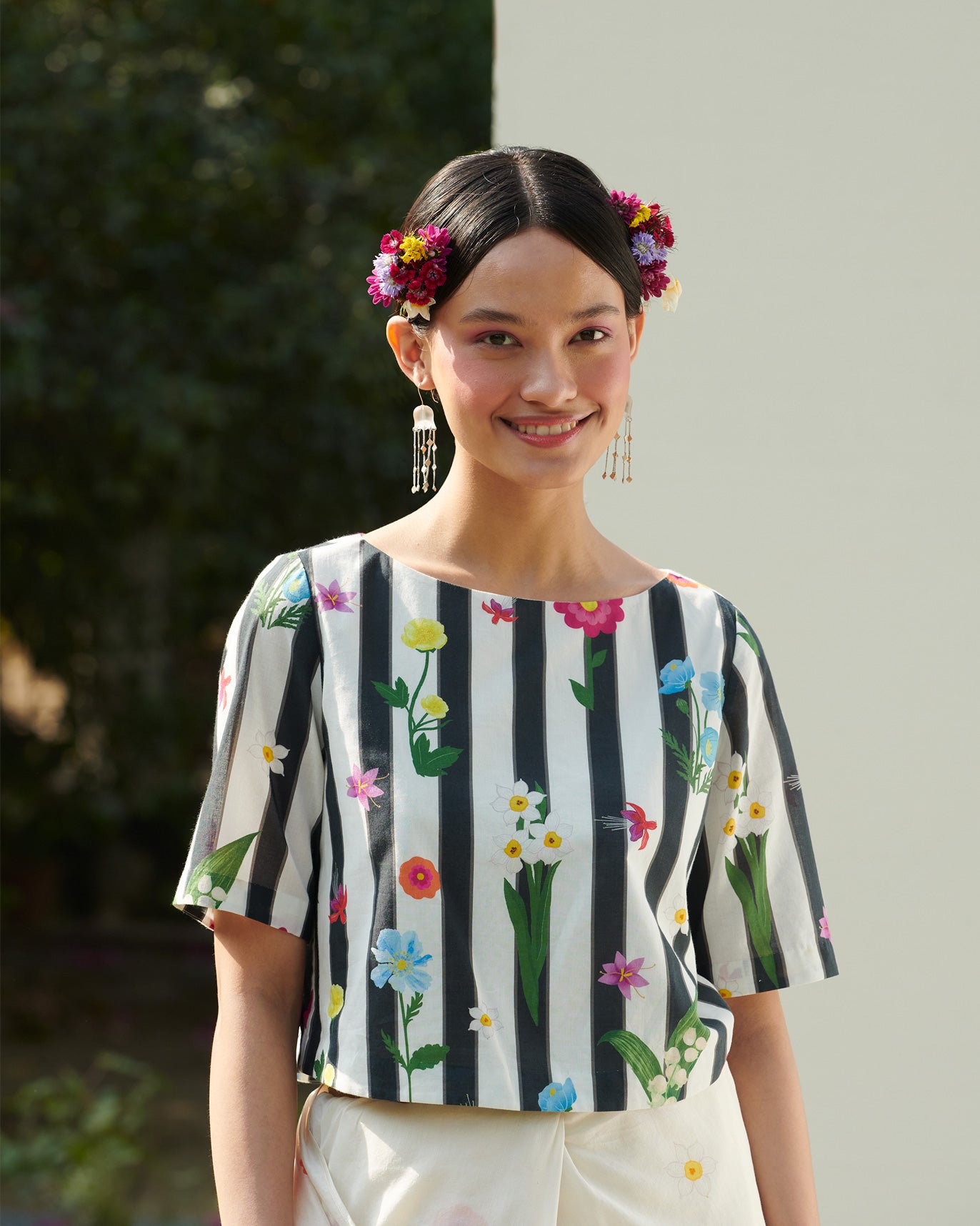 Boat Neck Blouse - White & Black