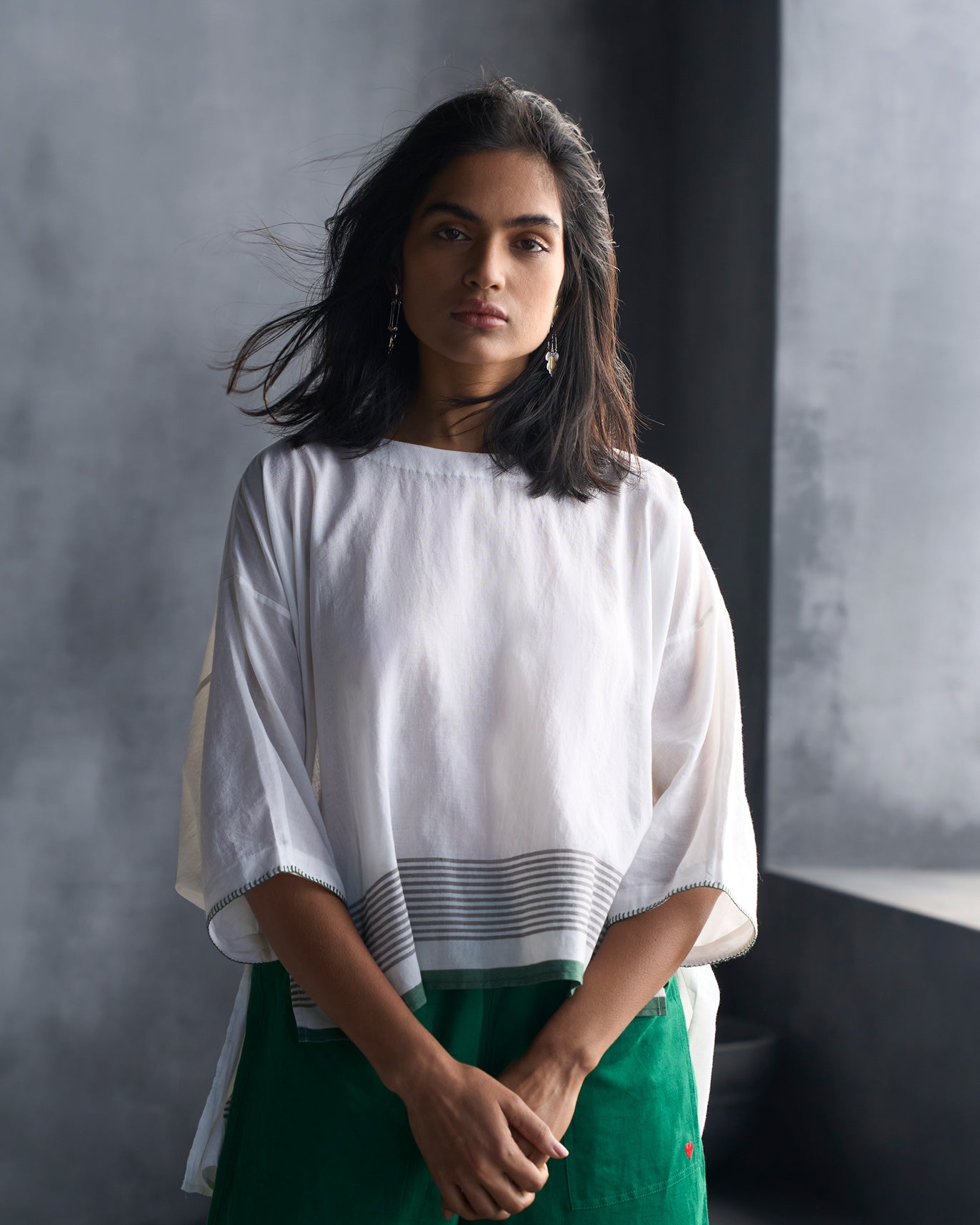 Boat Neck Top - White & Green