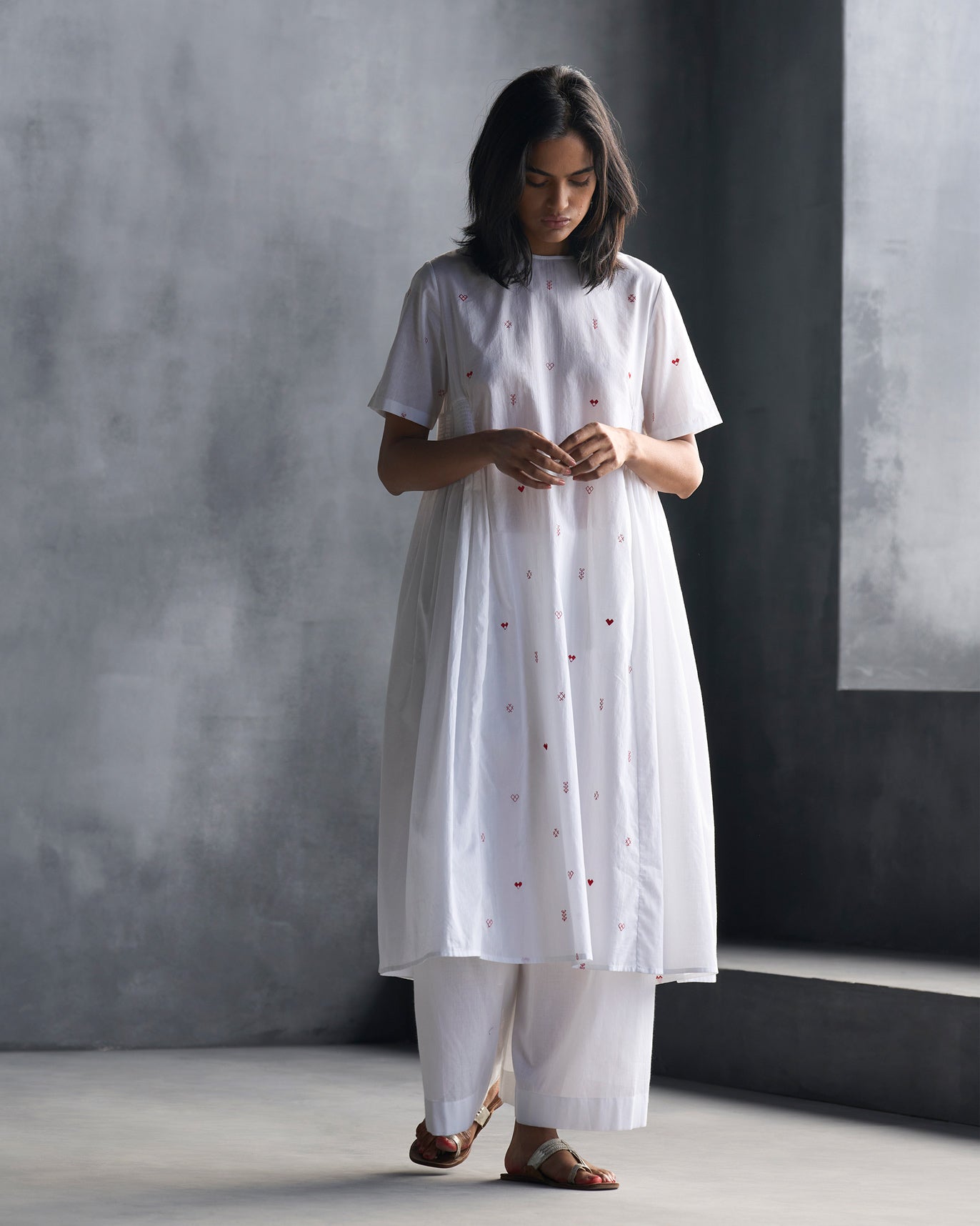 Smocked Side Kurta - White