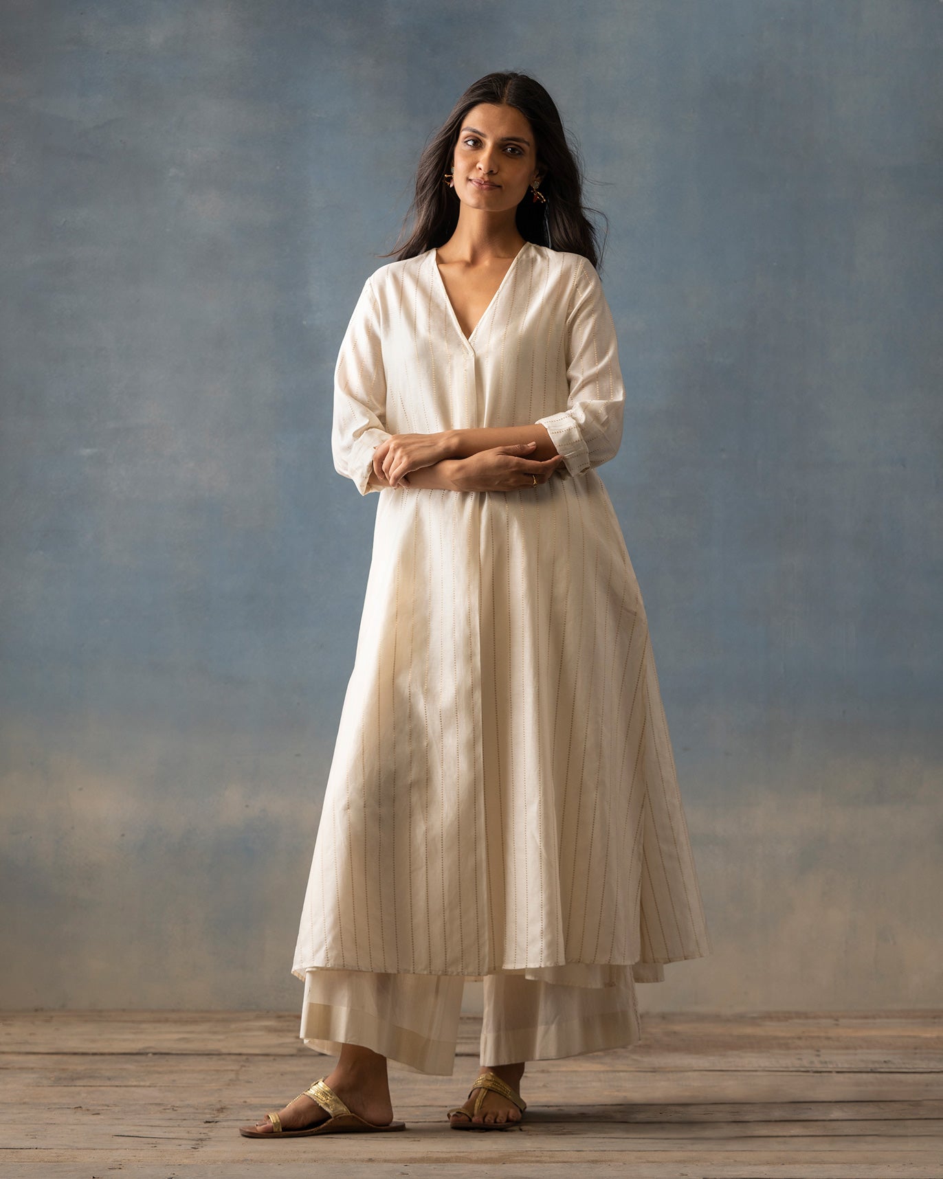 Pleated Kurta & Slip - Ivory & Gold