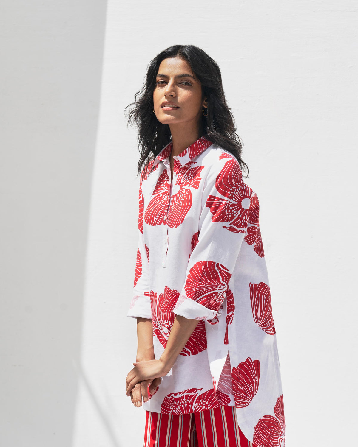 High Low Shirt - White & Red