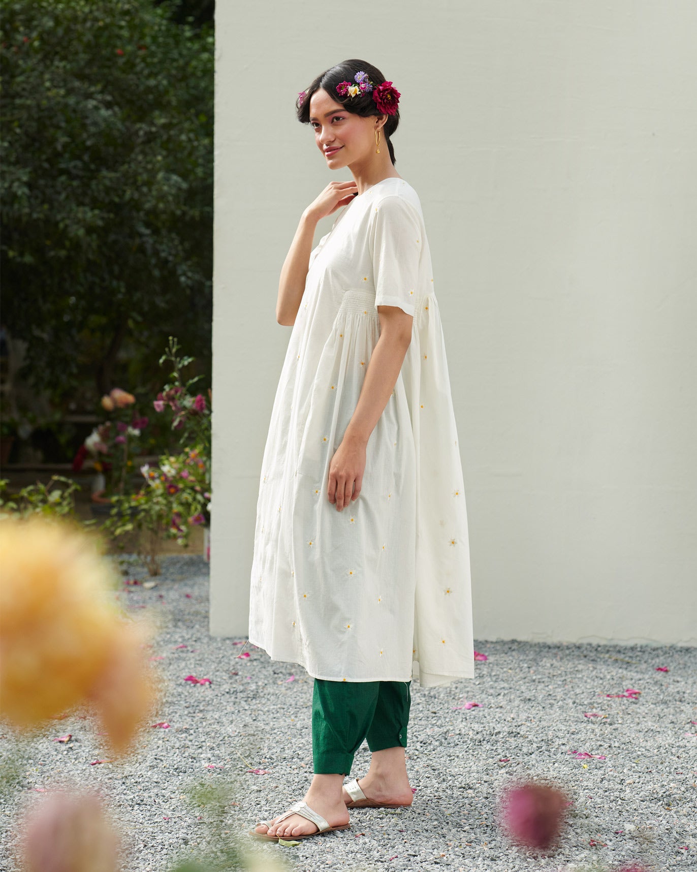 Smocked Side Kurta - White