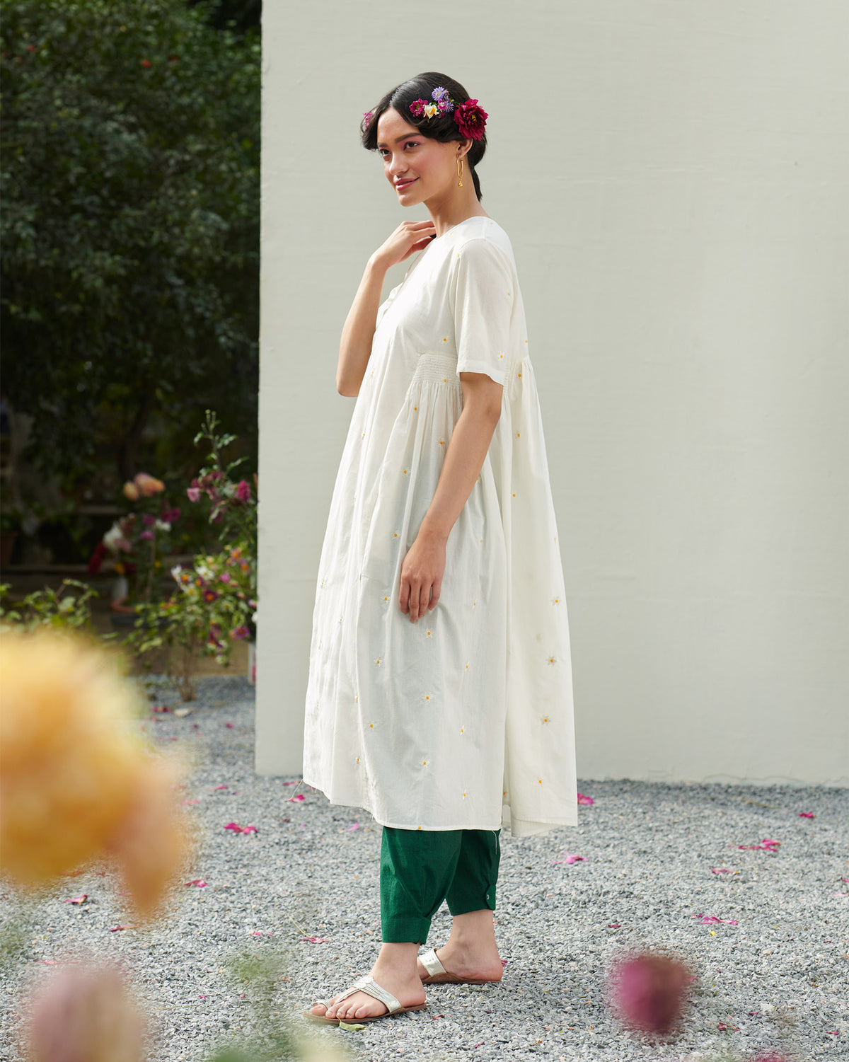 Smocked Side Kurta - White