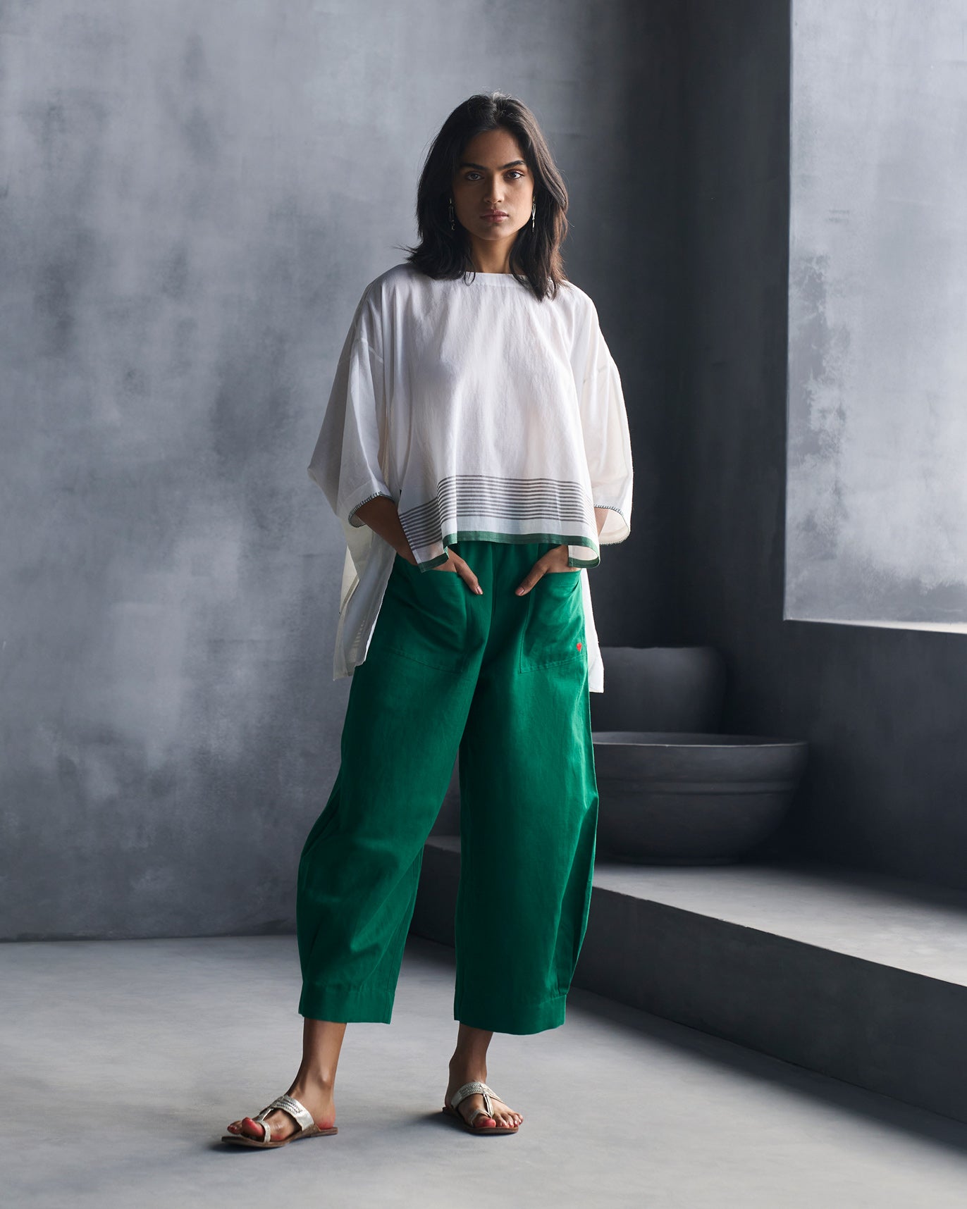 Boat Neck Top - White & Green