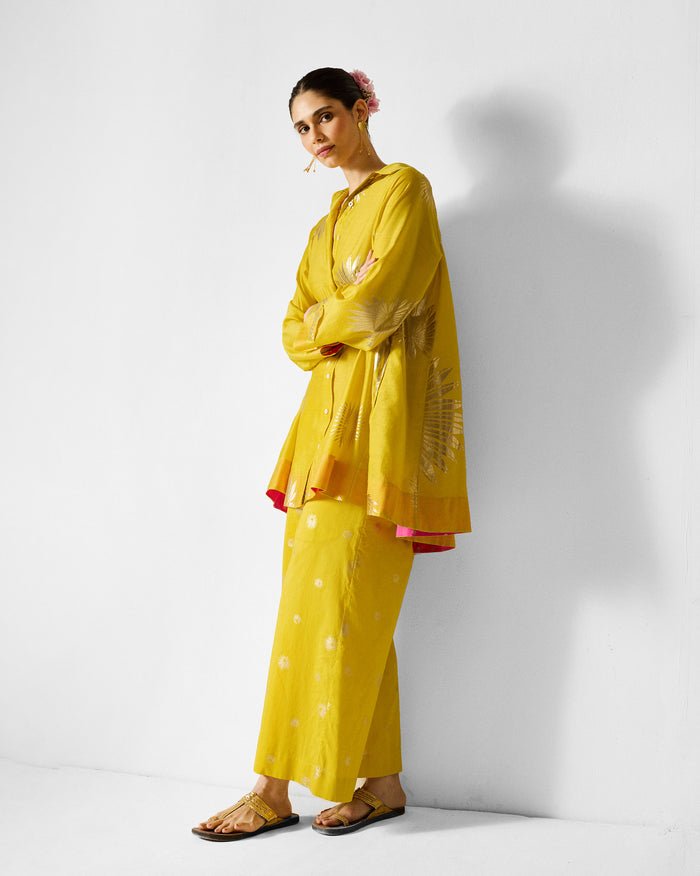 The Flare Panelled Shirt Set - Chartreuse & Gold Printed