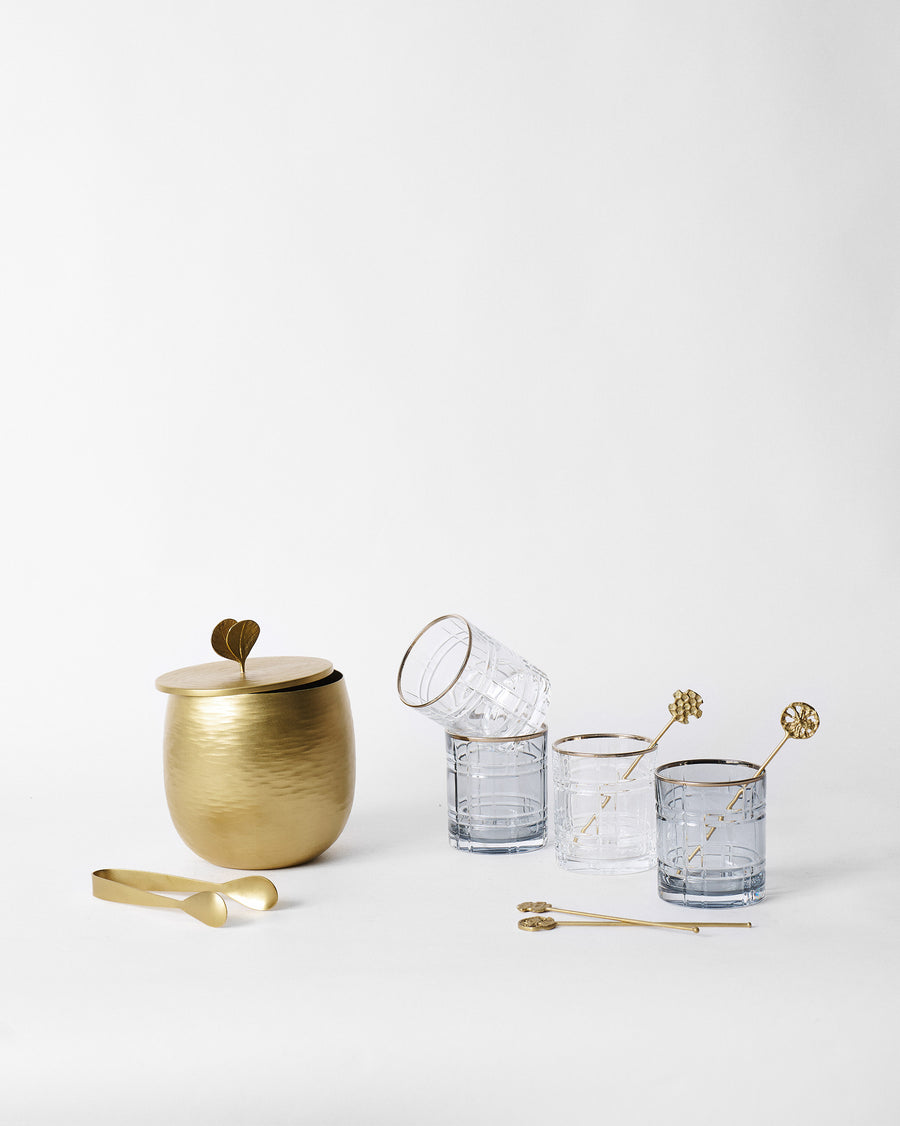 The full Celeste Bar Set: ice bucket, tongs, four glasses and four stirrers.