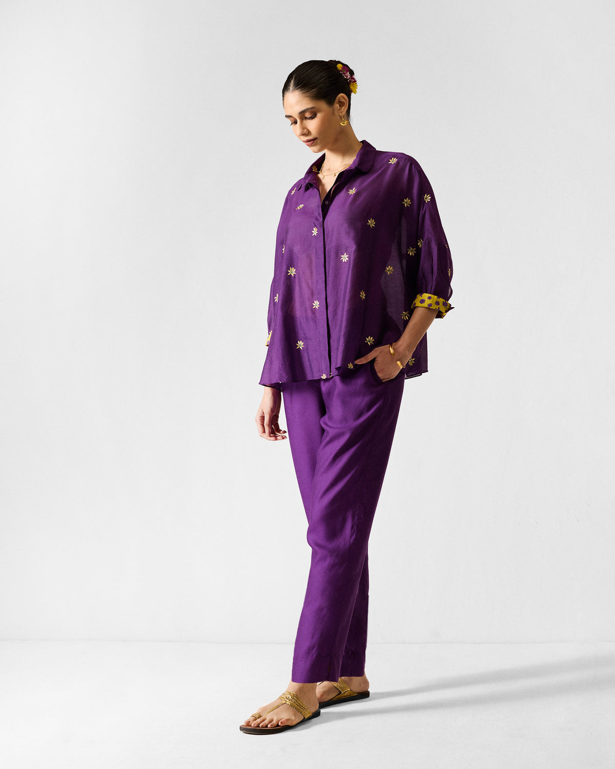 Boxy Shirt - Purple & Gold Embroidered