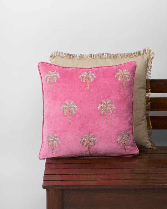Pink Palm Shimmer cushion cover with embroidered palm trees.