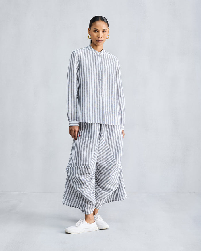 Mandarin Collar Top - Charcoal & White Stripes