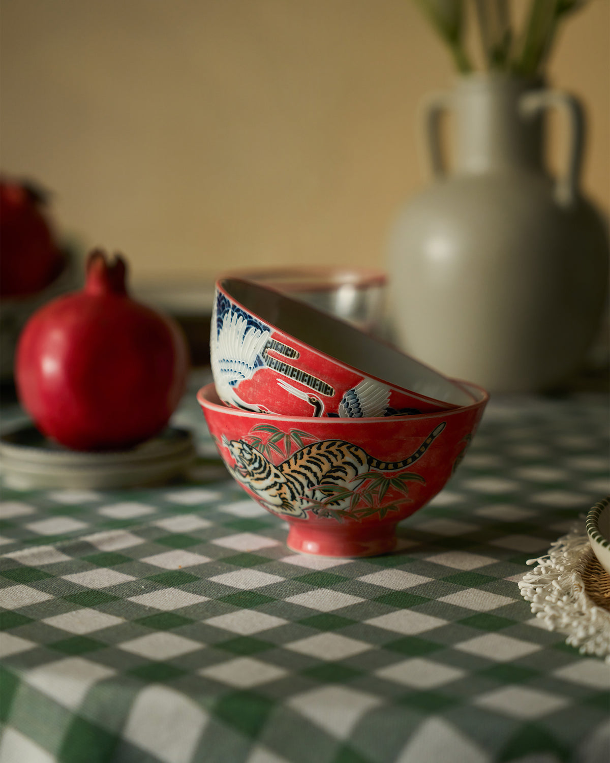 Crane & tiger bowl S/2 - Red