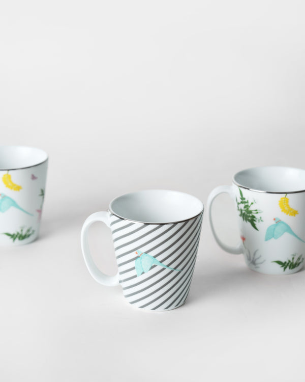 Close view of a striped mug and a parrot mug