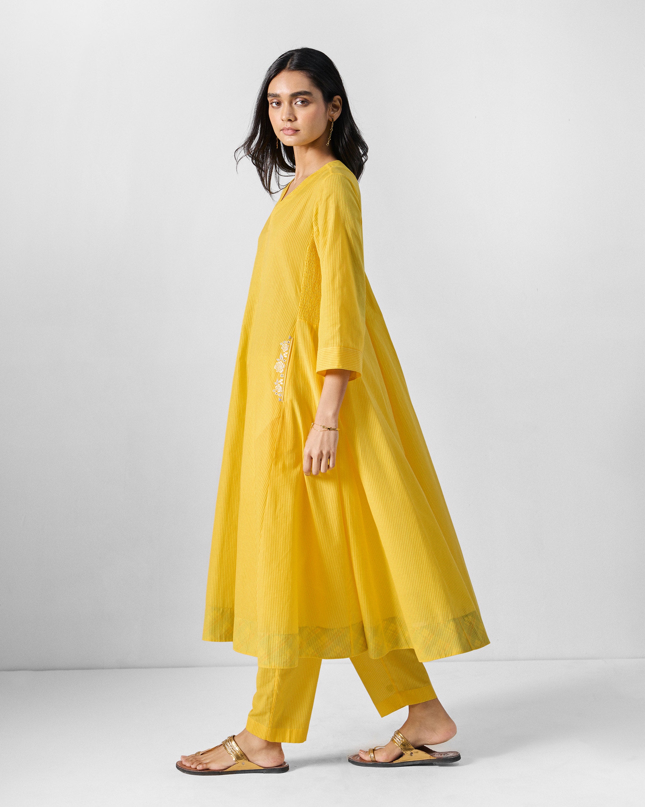 The Lama Smocked Kurta Set - Yellow Stripes