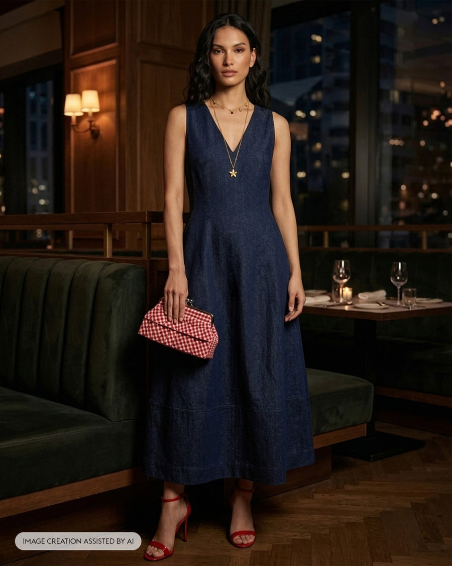 The Sway Dress in a lamplit restaurant, with the Pleated Muse Clutch and the Frangi Charm with Chain.