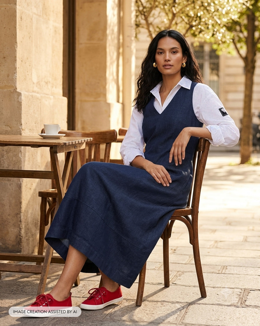 The Sway Dress layered over the white Trench Shirt at a pavement cafe, with the Seed Pod Small Hoops.