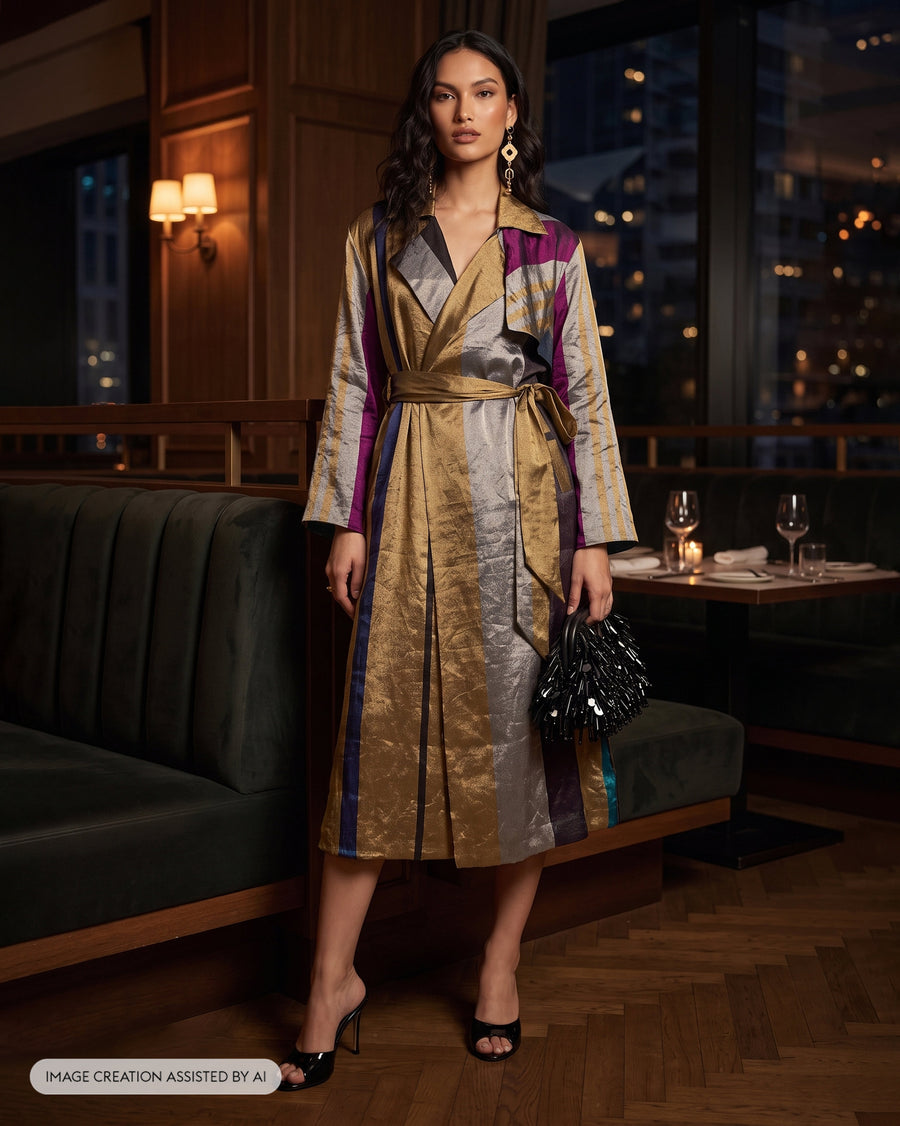 The Sera Trench wrapped and belted like a dress in a lamplit restaurant, with the Starry Night Clutch and the Berber Eye Dangler.