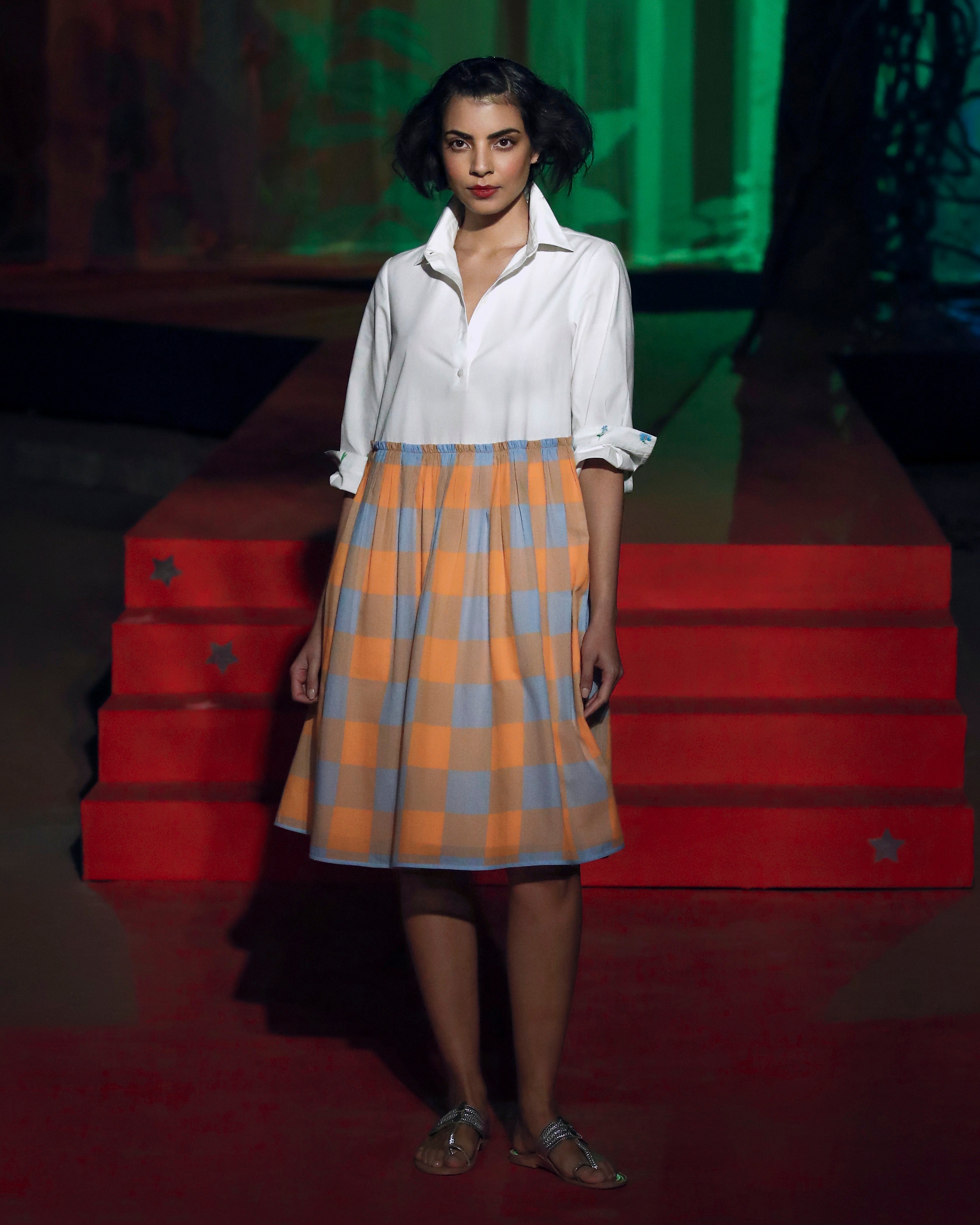 Kavi Dress - White & Orange Checks