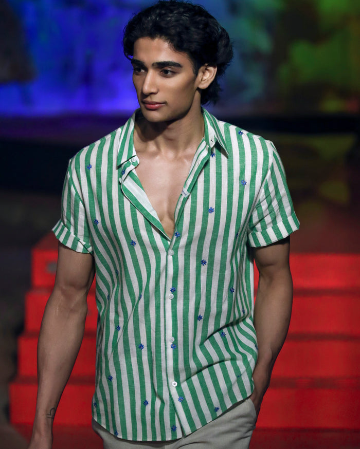 Half Sleeve Shirt - Light Green Embroidered
