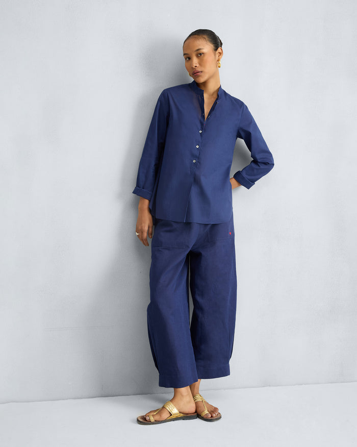 The Mandarin Collar Top Set - Ink Blue