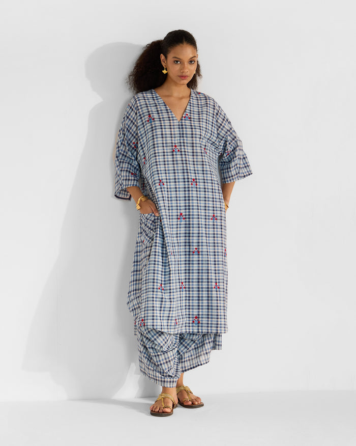 The Aava Kurta Set - Blue & White Checks