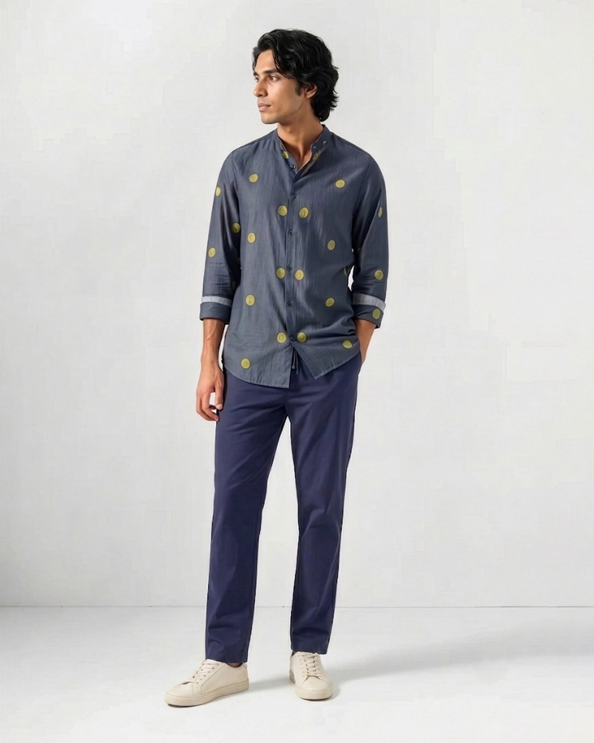 Nawab Shirt - Charcoal & Yellow Jamdani