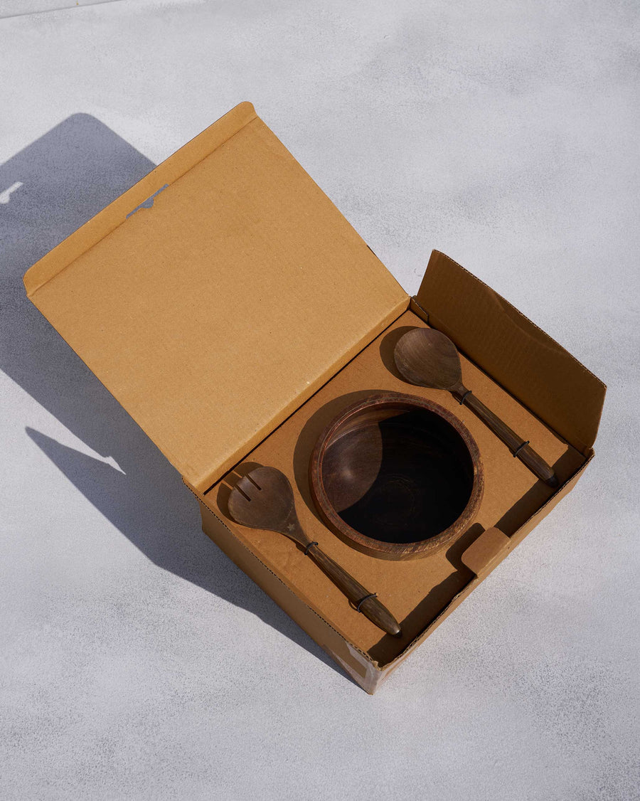 The Bara Salad Bowl Set in its open gift box.