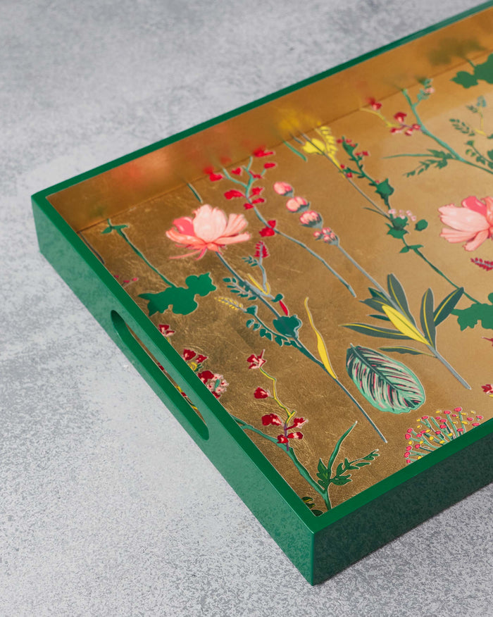 The tray's floral print seen close