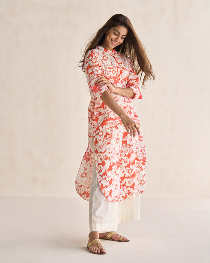 Basic Long Length Kurta - Ivory & Coral