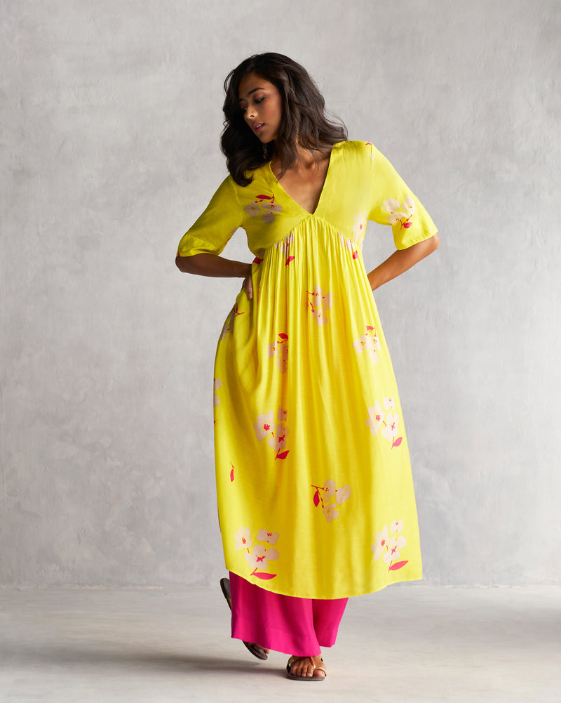 V-Neck Gathered Kurta - Lime