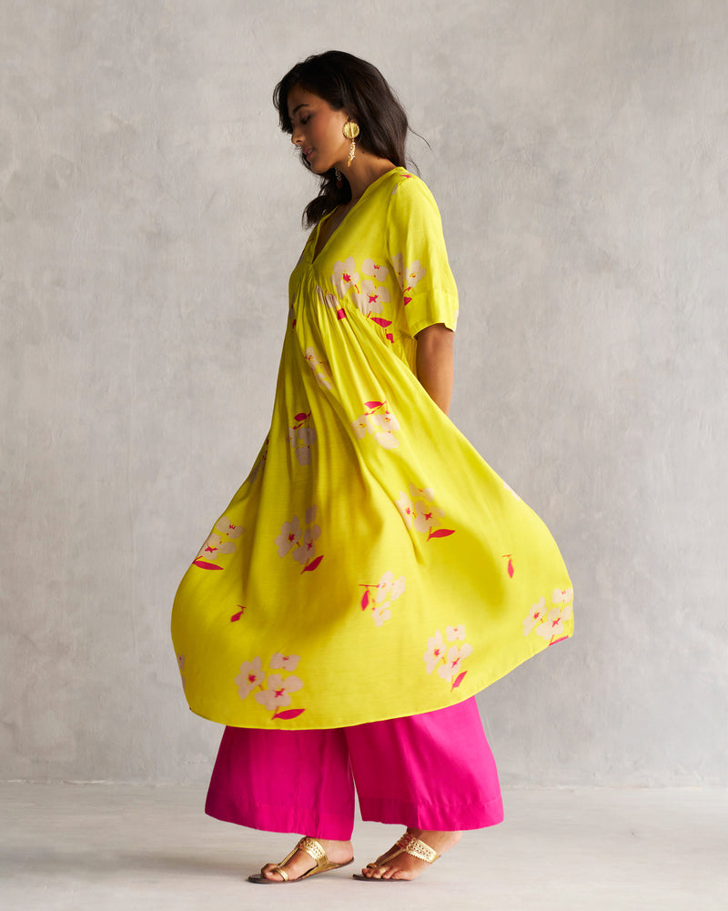 V-Neck Gathered Kurta - Lime