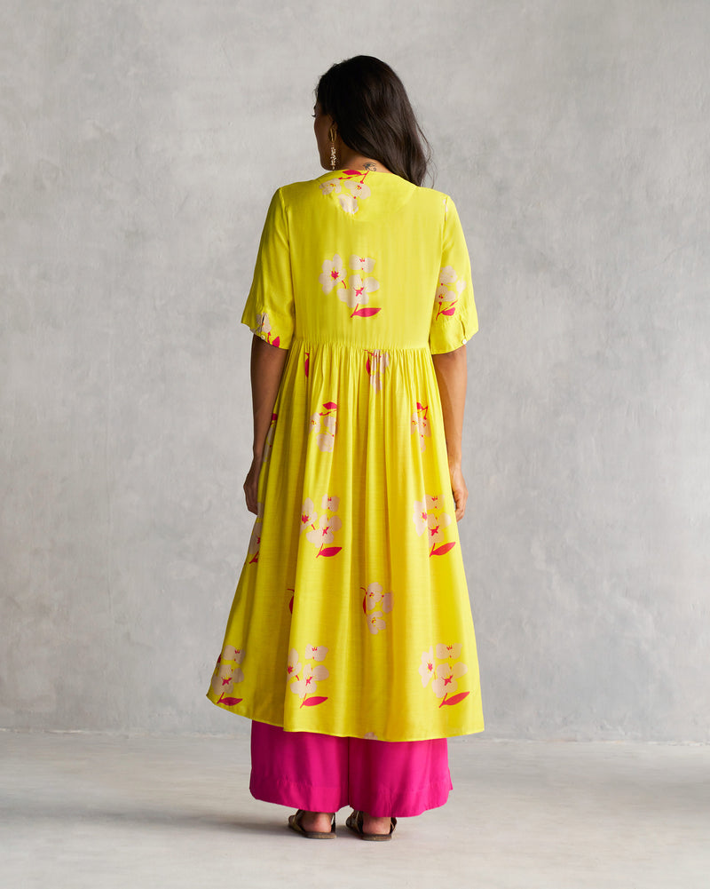 V-Neck Gathered Kurta - Lime