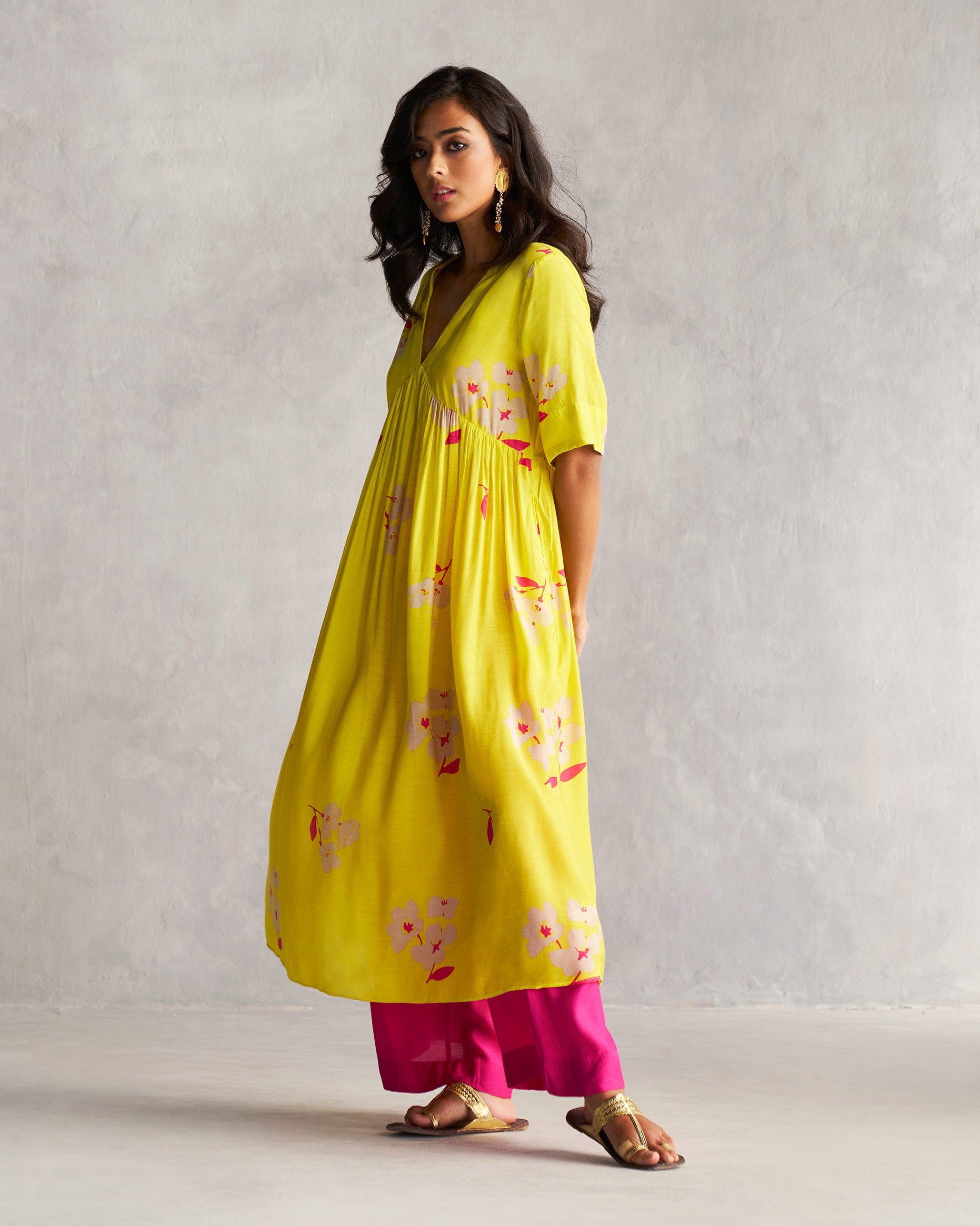 V-Neck Gathered Kurta - Lime