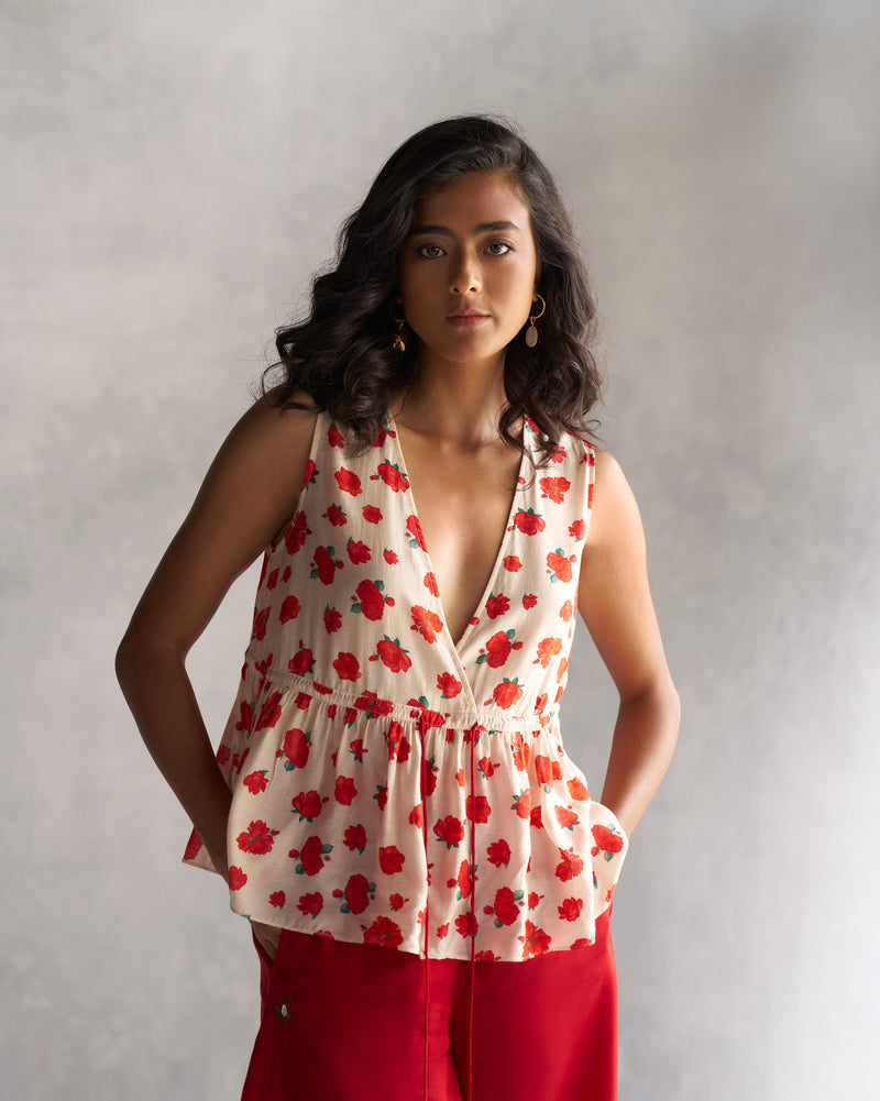 Floret Top - Ivory & Red