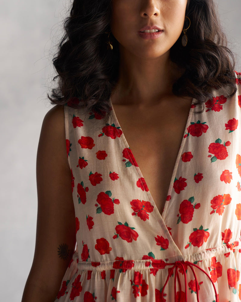 Floret Top - Ivory & Red