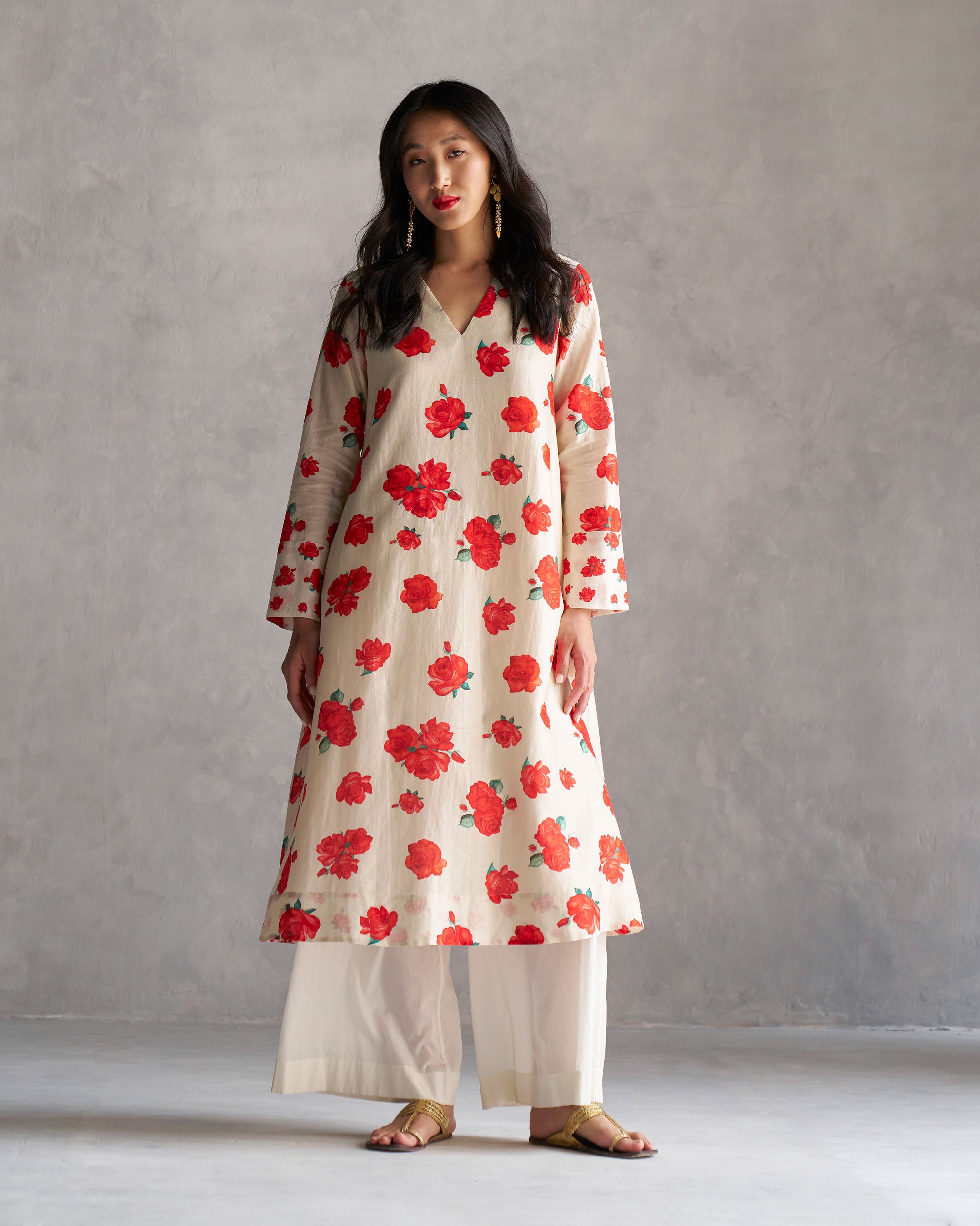 Flared V-Neck Kurta - Ivory & Red