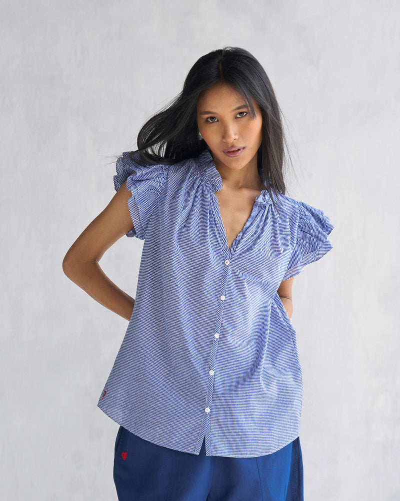 Ruffle Collar Shirt - Blue & White