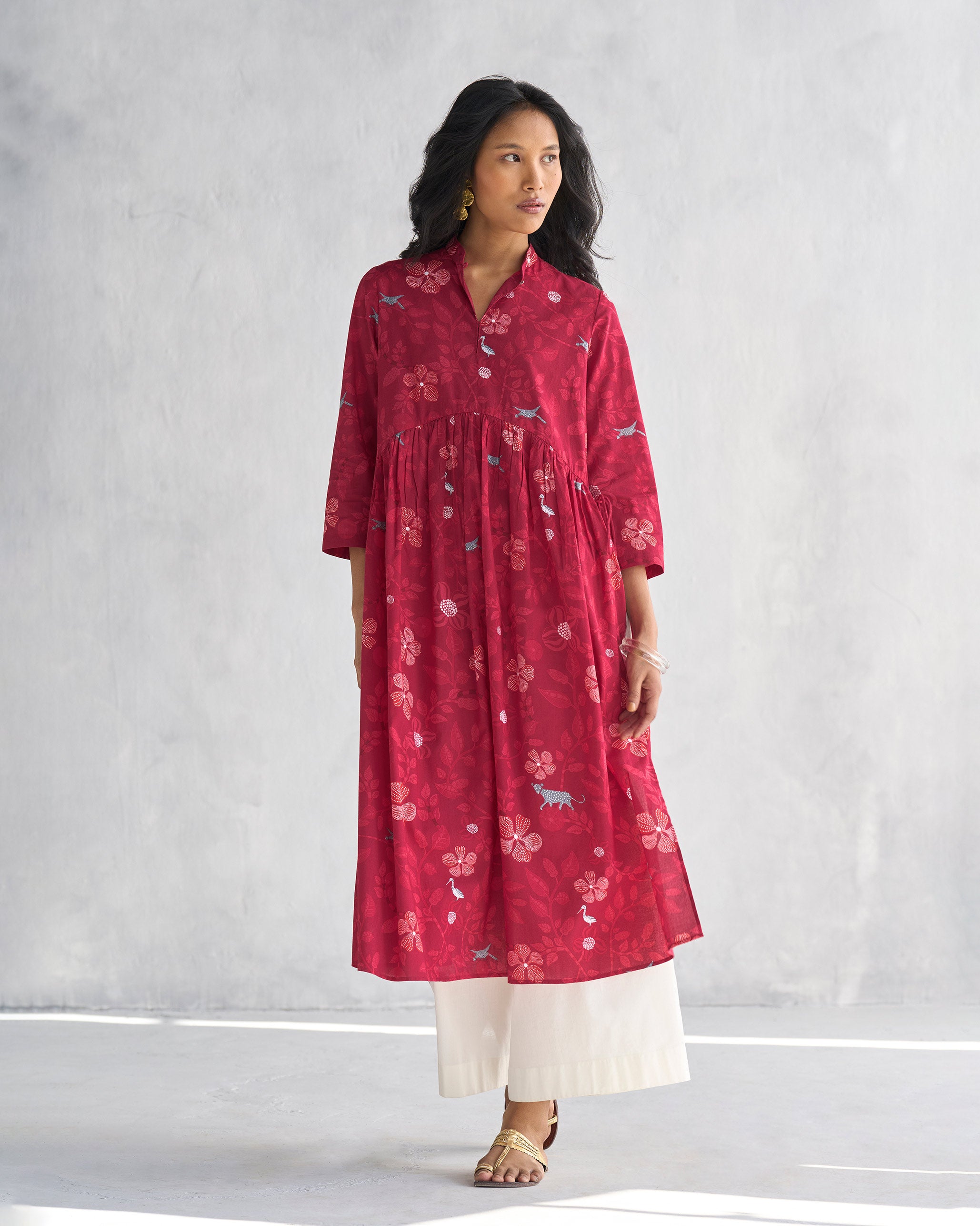 Waist Gathered Kurta - Red