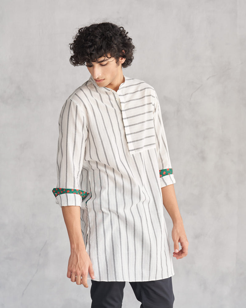 Panel Stripe Kurta - Ivory & Black