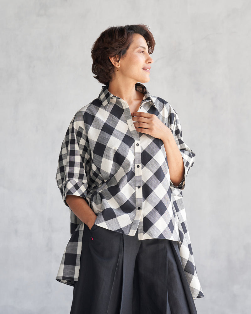 Checkered Panelled Shirt - Black & Ivory