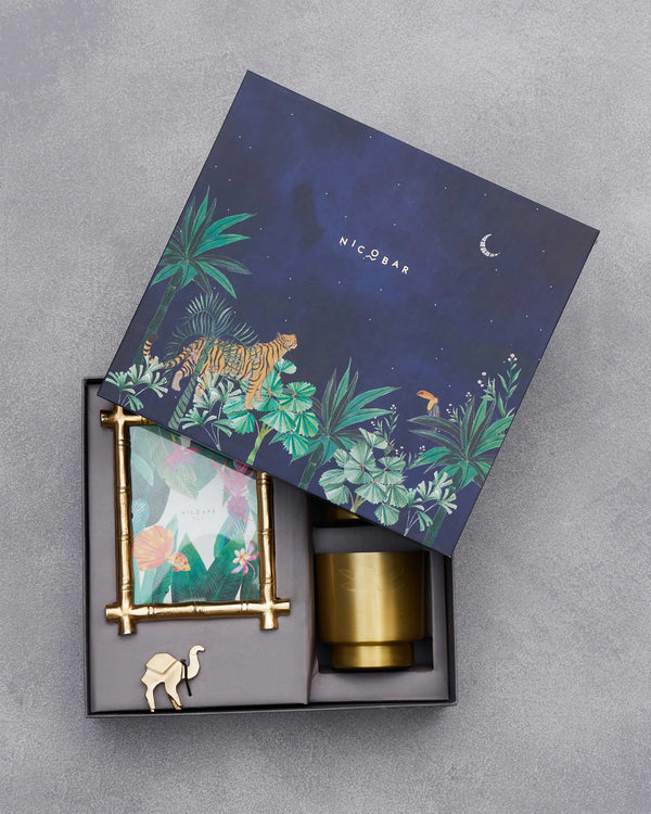 The jungle lid tipped open over the brass pieces