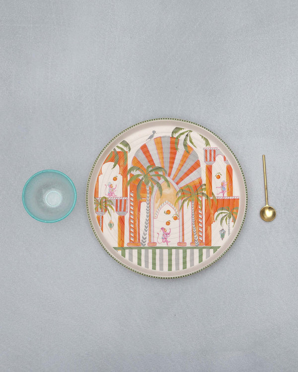 The platter set out with the bowl and spoon beside it