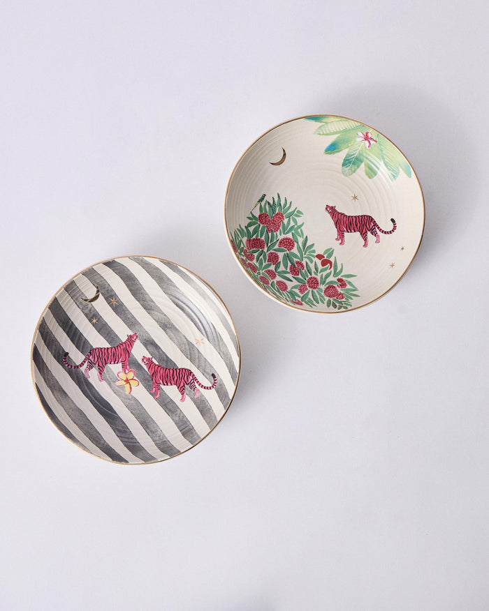 The two bowls from above, stripes and blossom