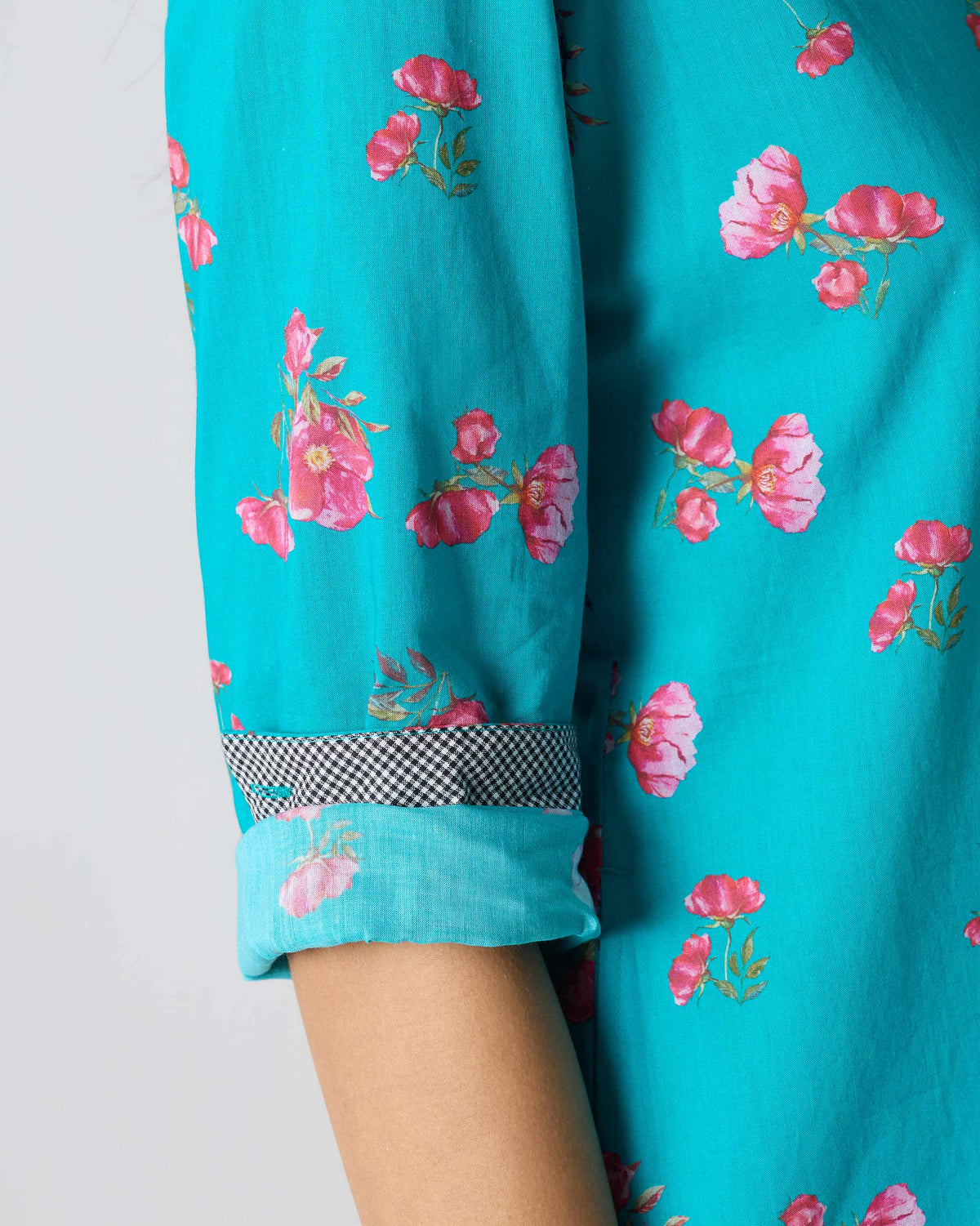 Basic Mid Length Kurta - Teal & Fuchsia Print