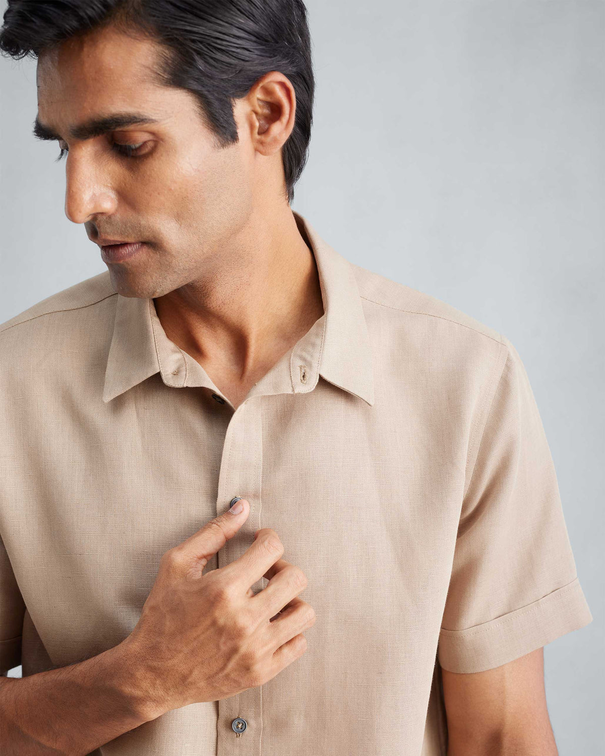 Half Sleeve Shirt Set (Beige & White Seersucker)