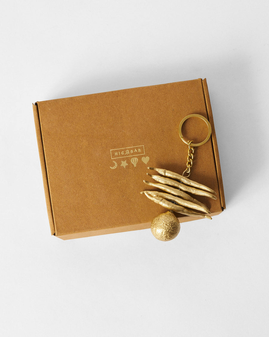 The keychain resting on its kraft Nicobar box
