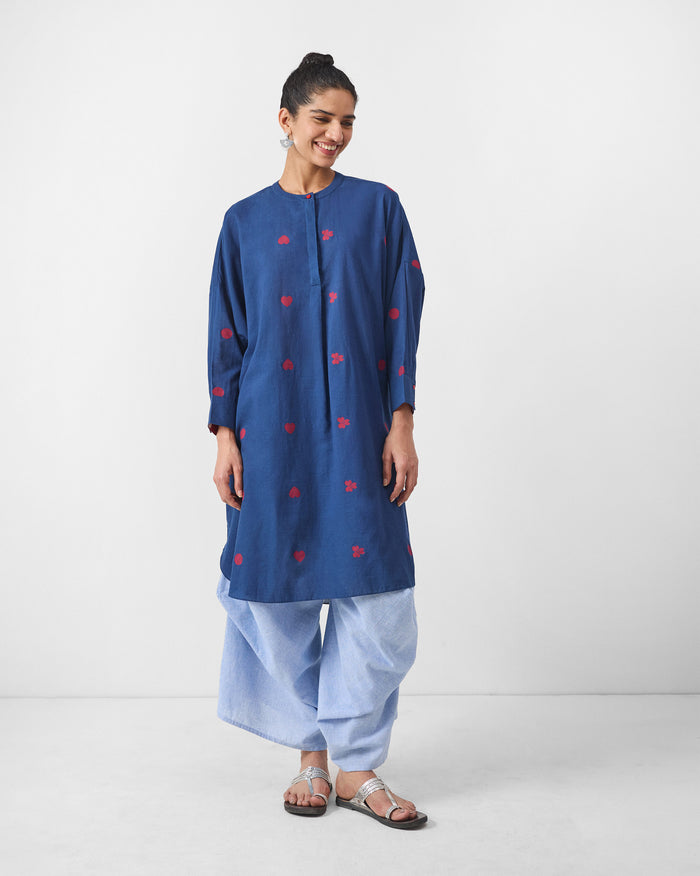 Lazy Sunday Tunic - Blue & Red Jamdani
