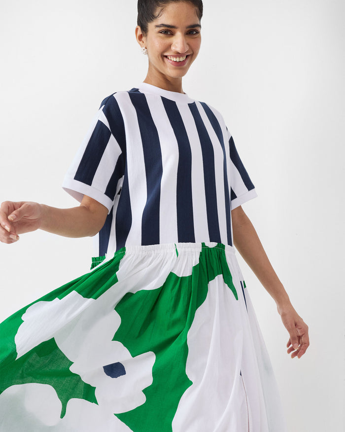 Emi Dress - Green & White Print