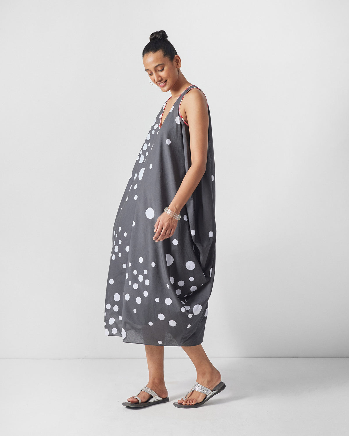 Cowl Dress with Slip - Charcoal & White Print