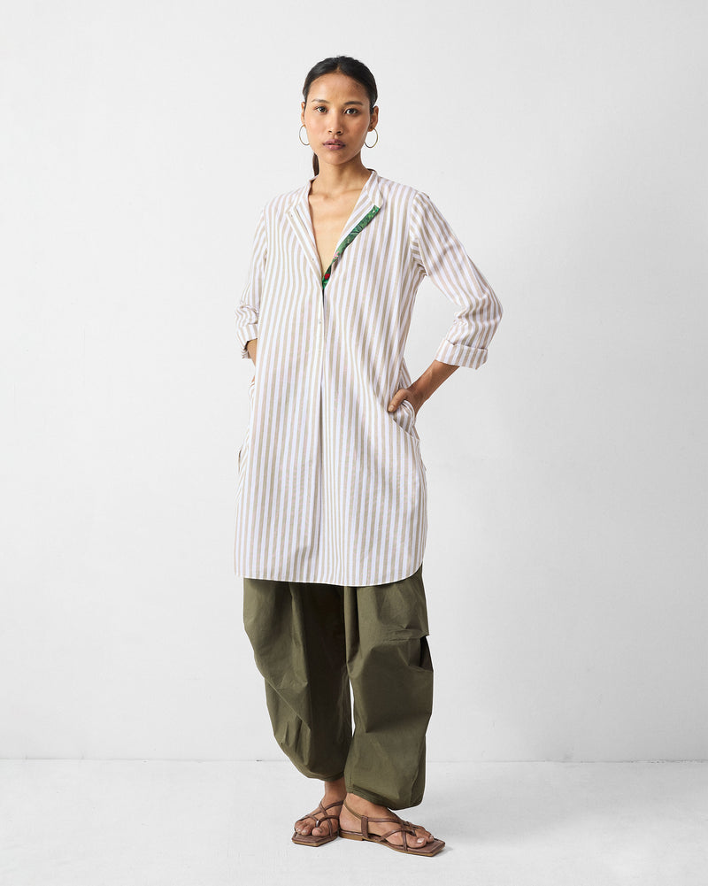 Mid Length Kurta - Khaki & White Stripes