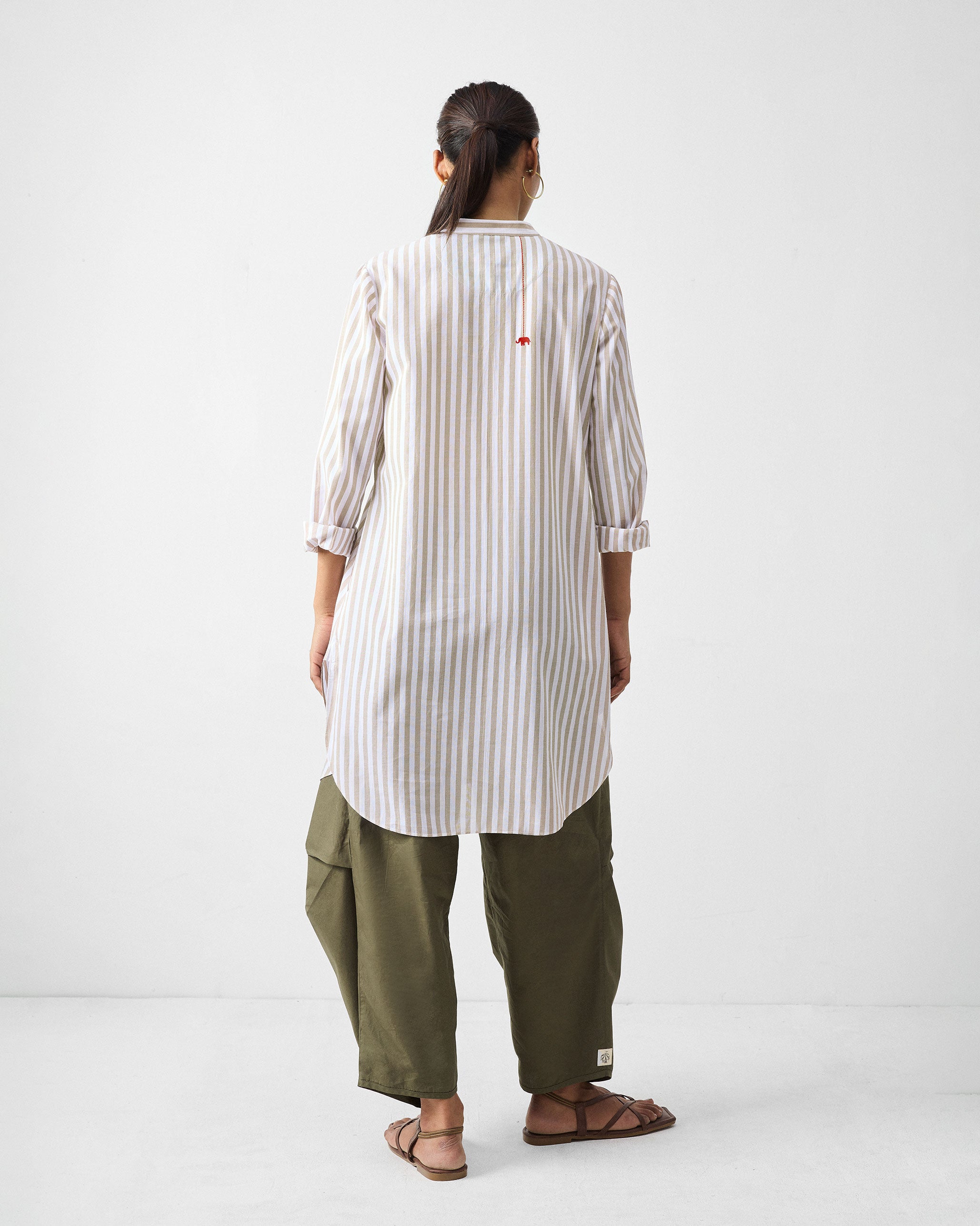 Mid Length Kurta - Khaki & White Stripes